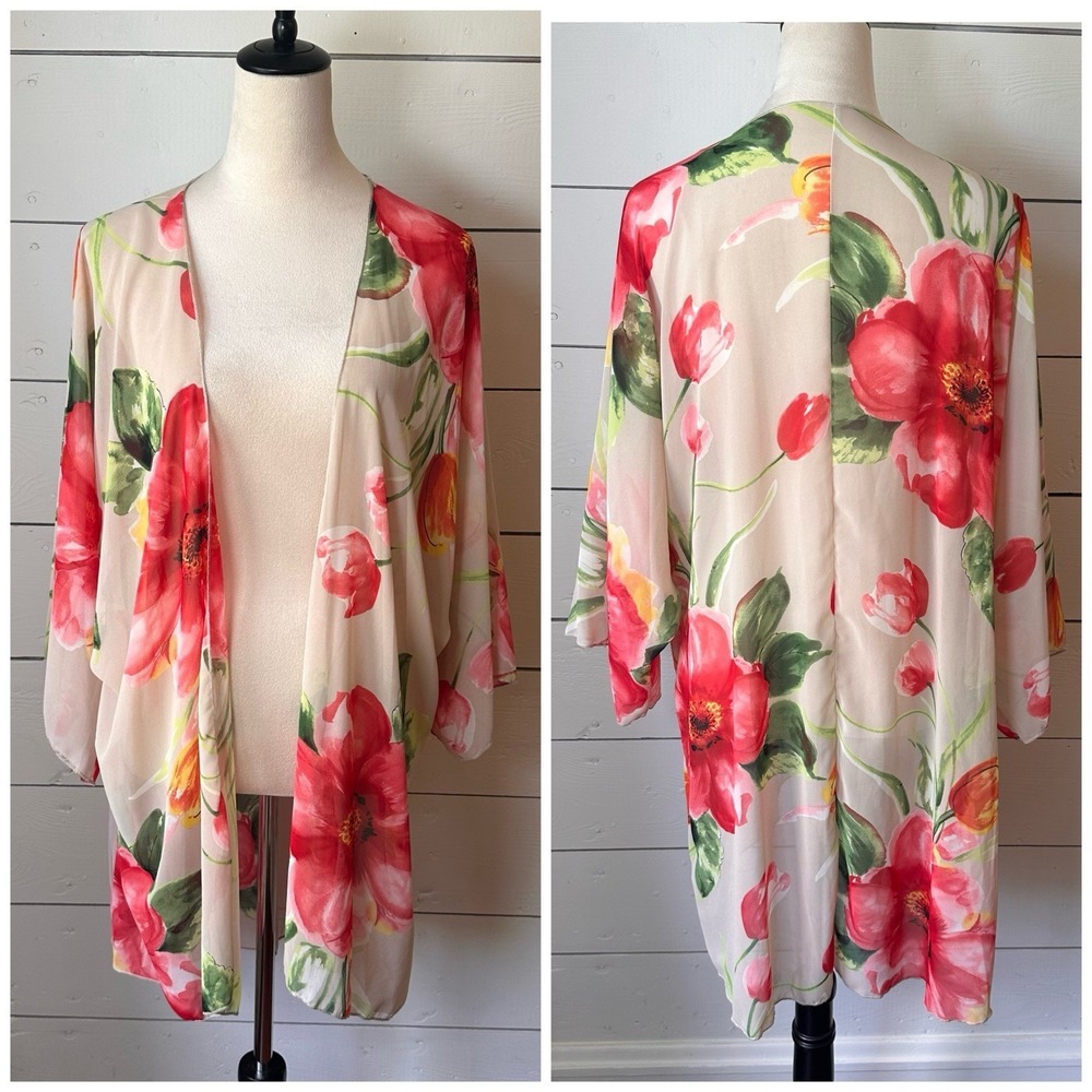 Womens 1x Floral Kimono Sheer Cardigan Lightweight Red Flowers Watercolor Cream